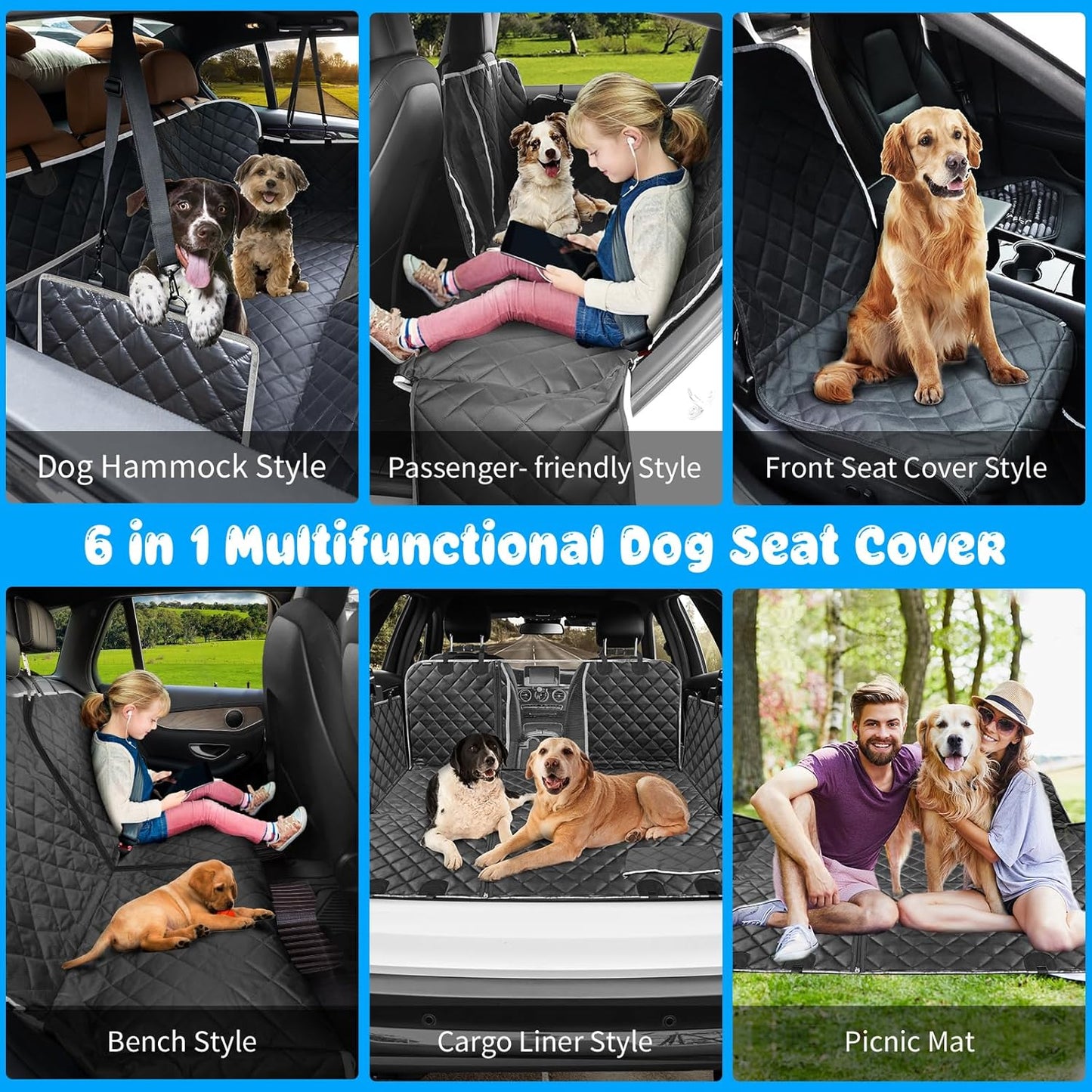 6-In-1 Dog Car Seat Cover for Back Seat, Waterproof Dog Car Hammock with Mesh Window & Side Flap, Pet Backseat Protector for Car, SUV, Truck